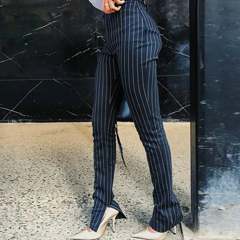 

Women's Office Pants 2020 High Waist Striped Trousers Women Sweatpants Side Split OL Business Skinny Ladies Dress Pants