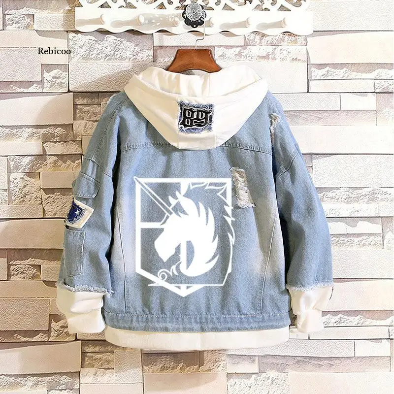 

2021 Attack On Titan Jeans Jacket Scout Regiment Cosplay Denim Jacket Autumn Eren Jager Hooded Sweatshirt Outwear Coat