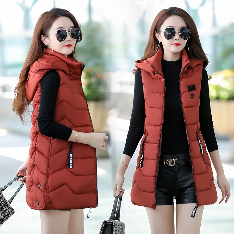 2021 зимний жилет женский средней длины приталенный однотонный Длинный на молнии с