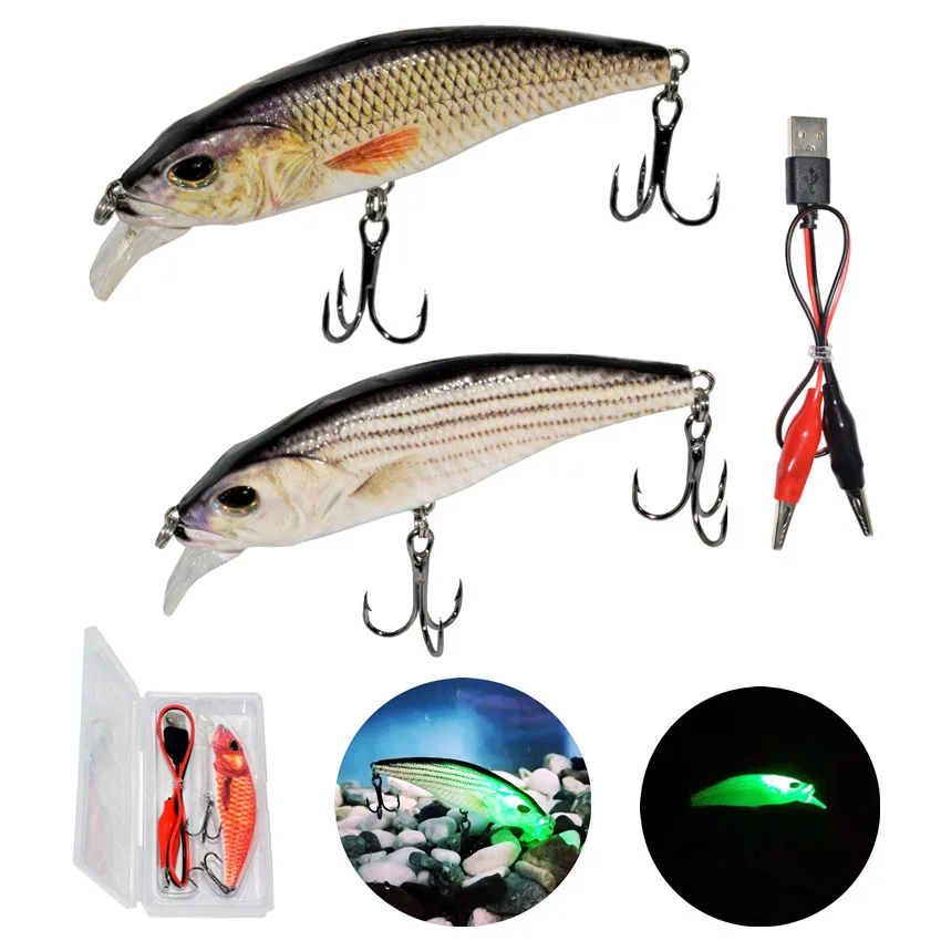 

3.8"/9.6cm Electric Fishing Lures Bait USB Rechargeable Green LED Light Minnow Swimbait Lifelike Fish Fishing Pesca Tools