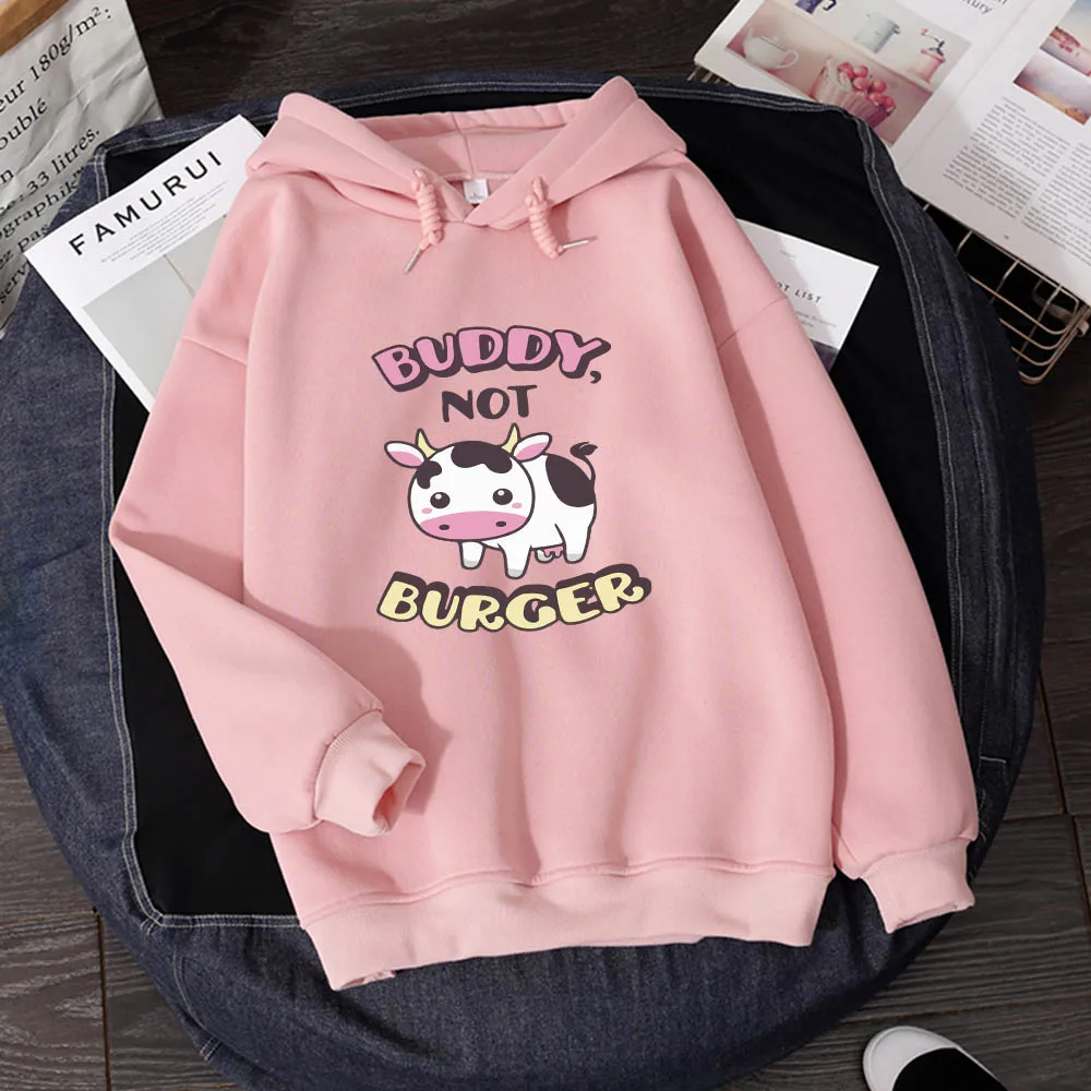 Oversized Full Sleeves Sweatshirts Kawaii Cute Cow Printing Hoodies for Womens Thicken Tops Loose Hoody Femme Winter Sweetshirts