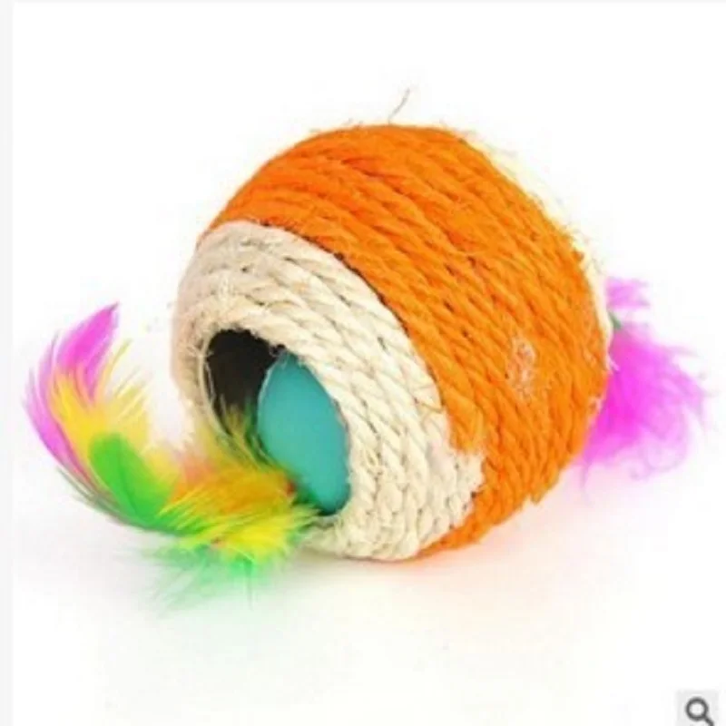 Colorful Cat Pet Sisal Rope Woven Ball with Feather Teaser Playing Chewing Rattle Scratch Catch Toy Color Random | Дом и сад