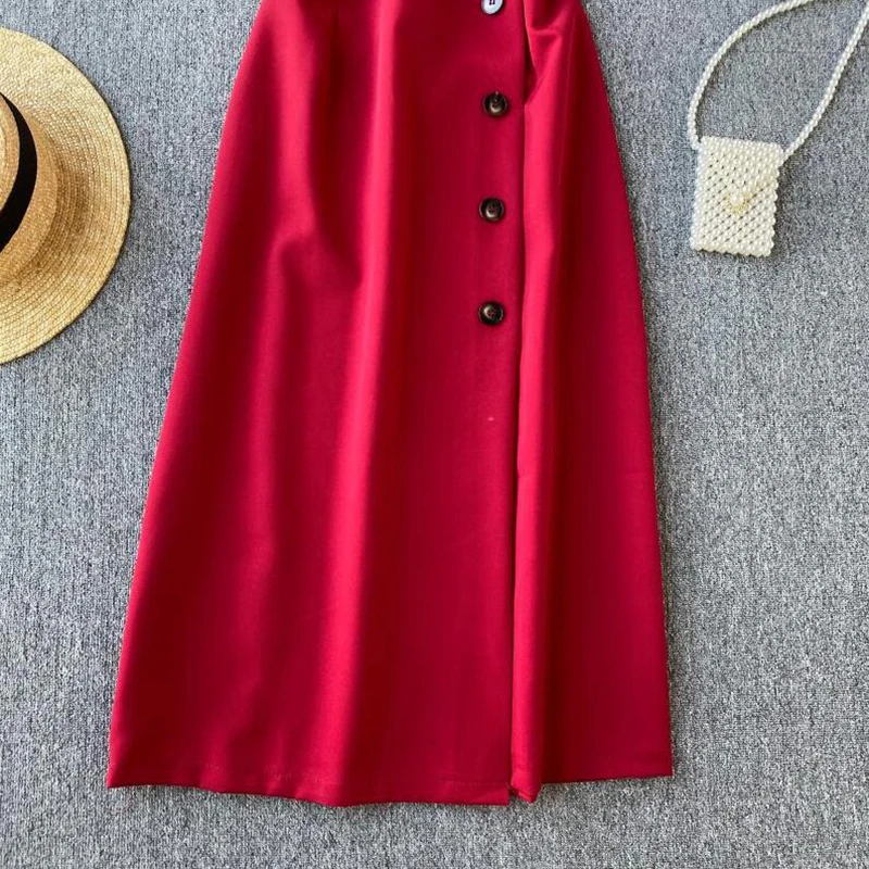 

2021 Summer Korean Solid Women Dress Vintage Short Sleeve Mid-Calf Party Dress Single-breasted V-Neck Vestidos Cute Clothing