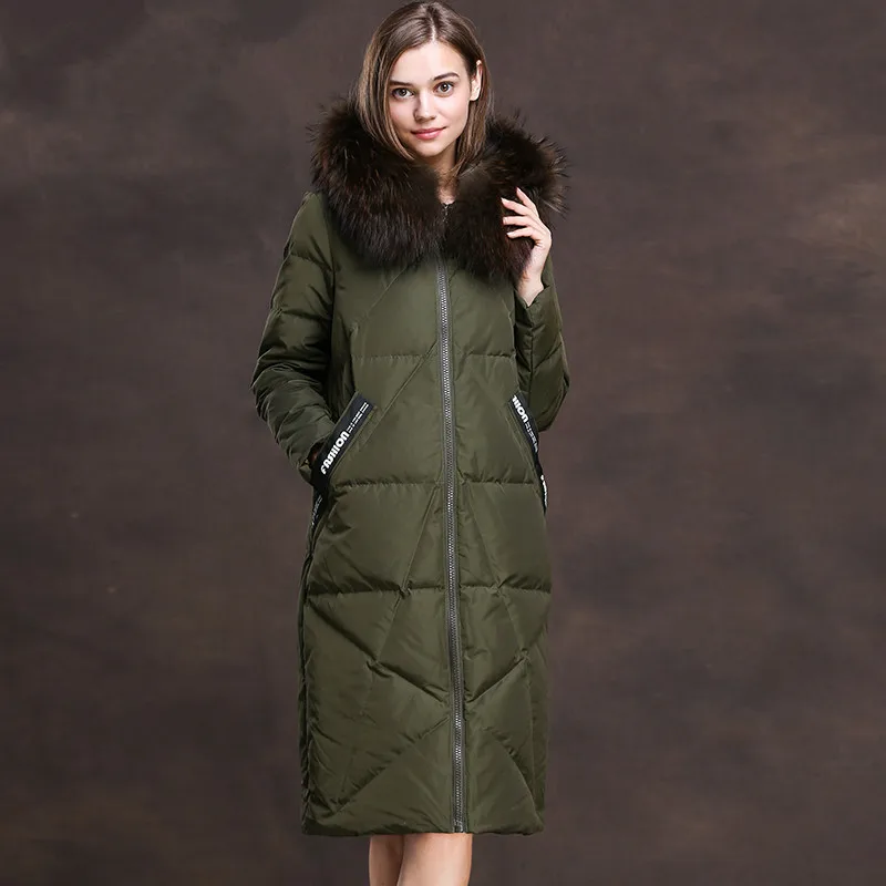 Пуховик женский зимний длинный с воротником из меха енота|Женские пуховики| |