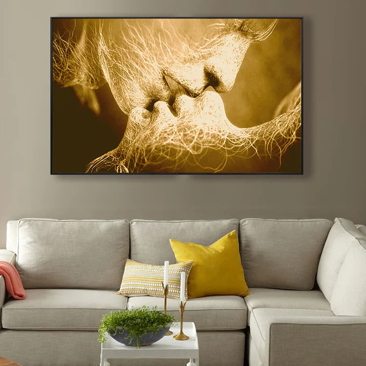 Картина на холсте с изображением поцелуев 3 цвета черный синий желтый для