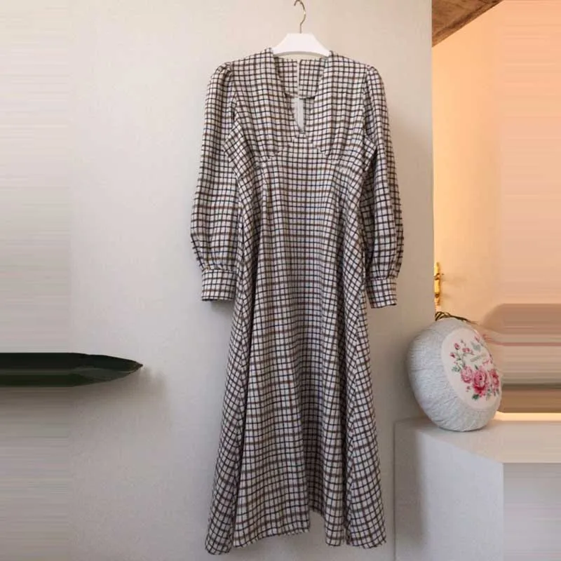 

One-Piece Dress Female Lattice Korean Elegant Slim Dresses 2020 Spring Autumn New Women'S Long Sleeve V-Neck Dress Long Dresses