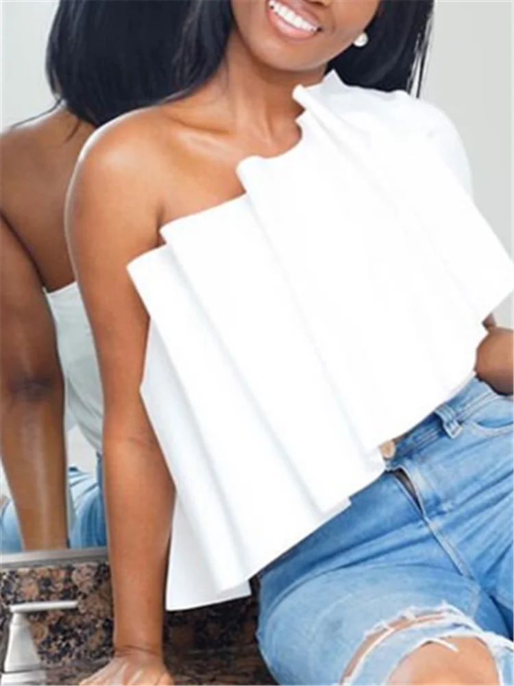 Женские укороченные топы с одним плечом лоскутные белые оборки открытая спина на