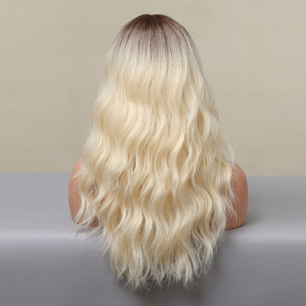 LOUIS FERRE Long Light Blonde Deep Curly Synthetic Wigs with Bangs Cosplay Party Daily Wigs for Women Ombre Heat Resistant Fiber