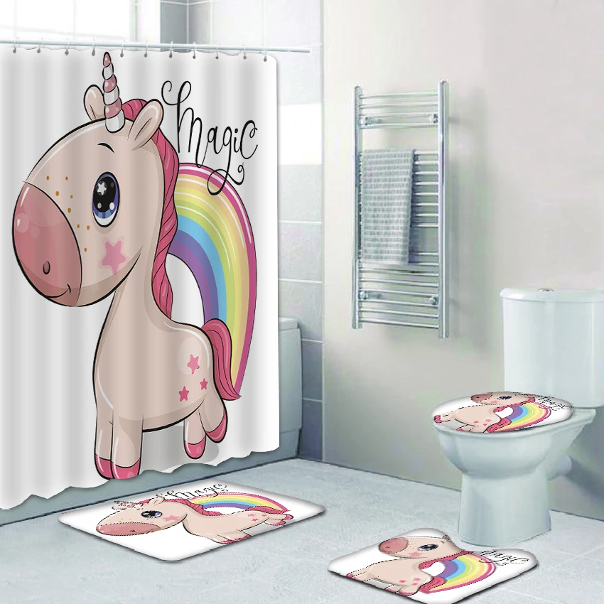

3D Cartoon Unicorn Printed Polyester Waterproof Bath Curtaiin with Hooks 4pcs Kids Bathroom Set Non Slip Rug Mats Set Toilet