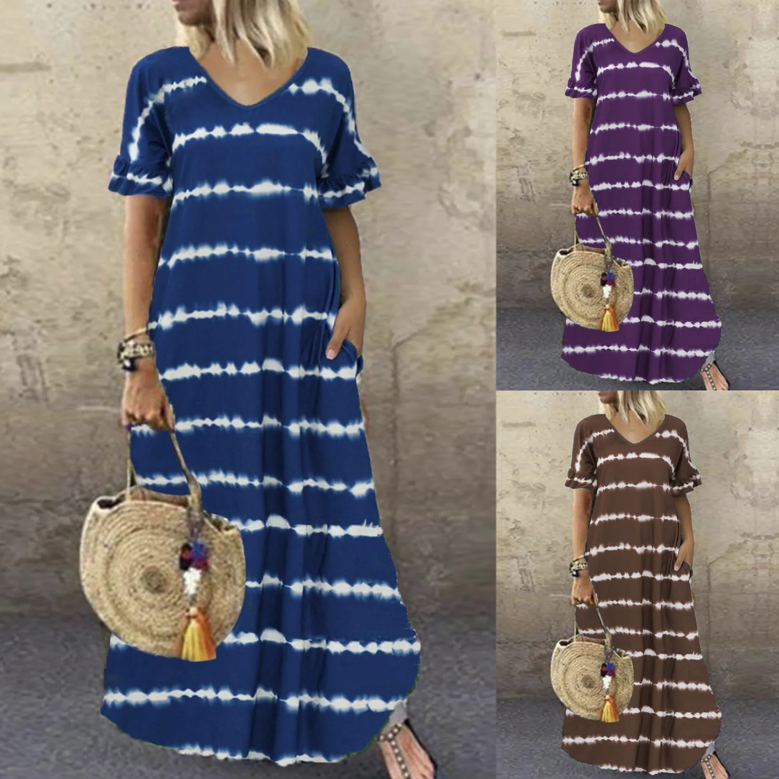 

Женское пляжное платье макси, свободное платье с полосатым принтом и карманами, повседневное, уличное, для отдыха, 2021