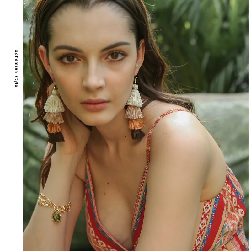 Bohemia 4 Layered white Tassel Earrings Dangle Fashion Jewelry Multi color Statement Fringe Long oorbellen For Women | Украшения и