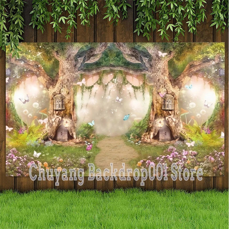 

Custom Fantasy Forest Fairytale World Backdrop Castle Arched Tree Hole Kids Birthday Party Photography Background Photo Studio