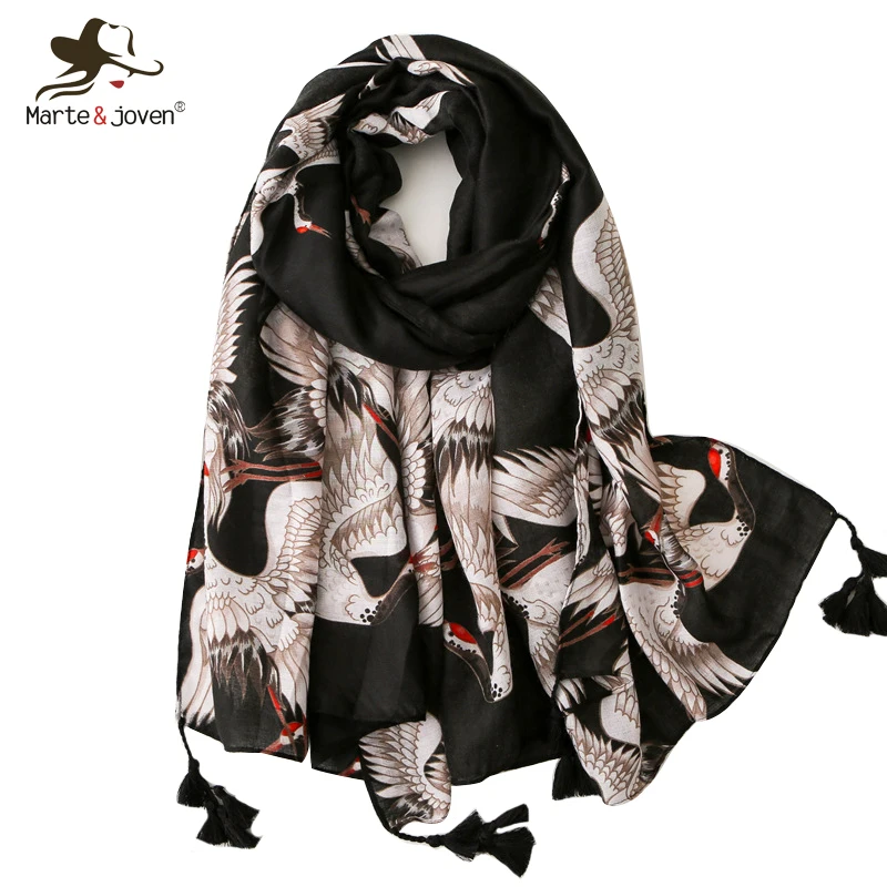 Женский шарф-шаль Marte &amp Joven черный красный шарф с принтом журавлей и длинными