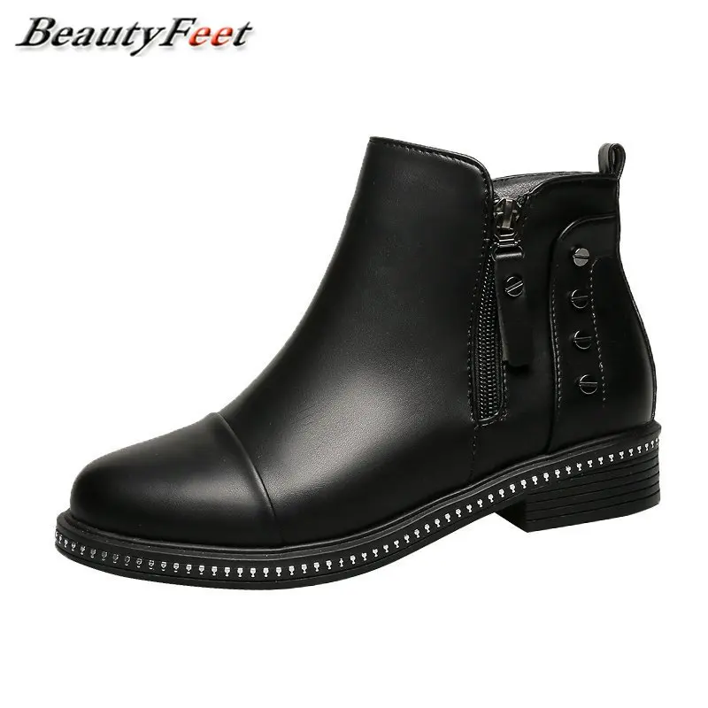 

Осенние однотонные черные кожаные ботильоны женская обувь на среднем каблуке с заклепками зимние повседневные женские ботинки