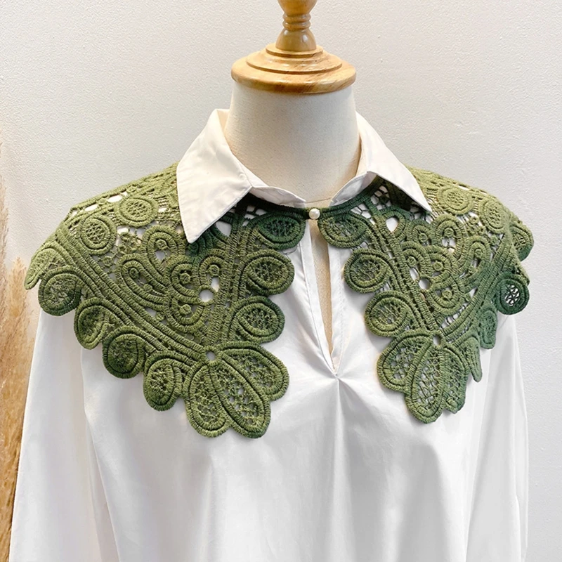 

Women Hollow Out Crochet Fake Collar Floral Lace Solid Color Lolita Big Shawl Detachable Button Short Poncho Capelet
