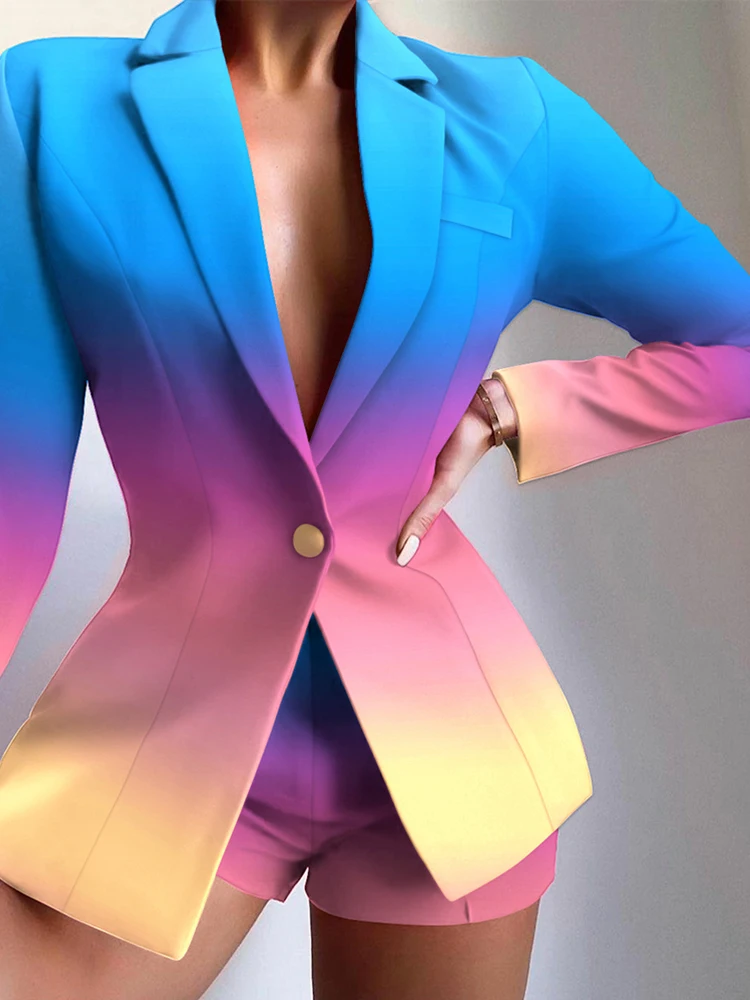 

Casual jacket ladies 2-piece gradient printed long-sleeved jacket + shorts all-match office ladies collocation