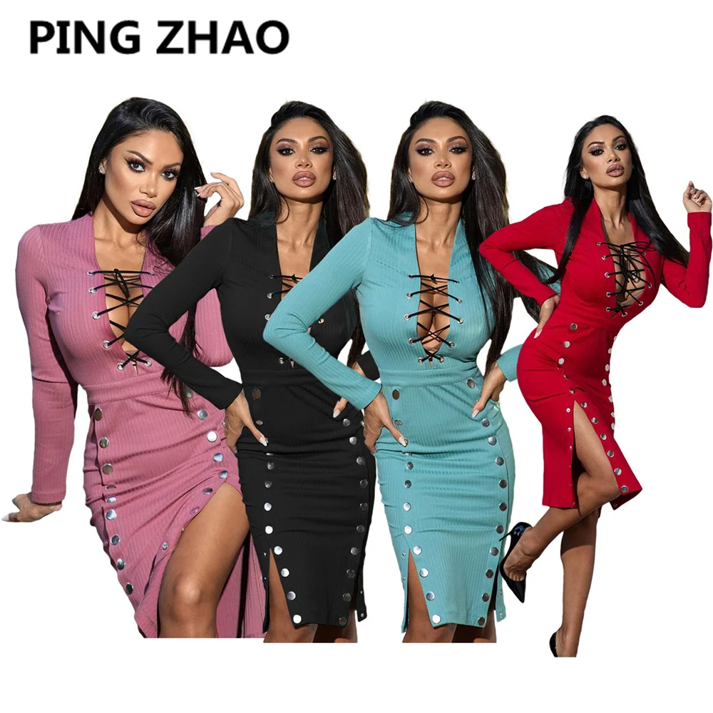 

Женское платье-миди на пуговицах, с V-образным вырезом и длинным рукавом