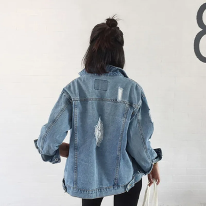 Потертая джинсовая куртка женское Свободное пальто повседневный светильник с