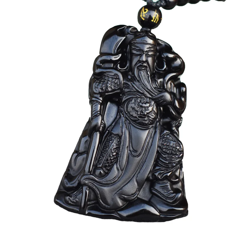 

Drop Shipping Men's Necklace Pendant Natural Obsidian Guan Gong Pendant Male Necklace With Big Knife Guan Yu Jade Jewelry
