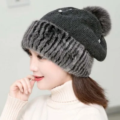 neutral grey Glaforny Женская однотонная норковая меховая шапка зимняя Корейская версия вязанная шапка Милая Джокер норковая утолщенная шерстяная шапка - Цвет: neutral grey
