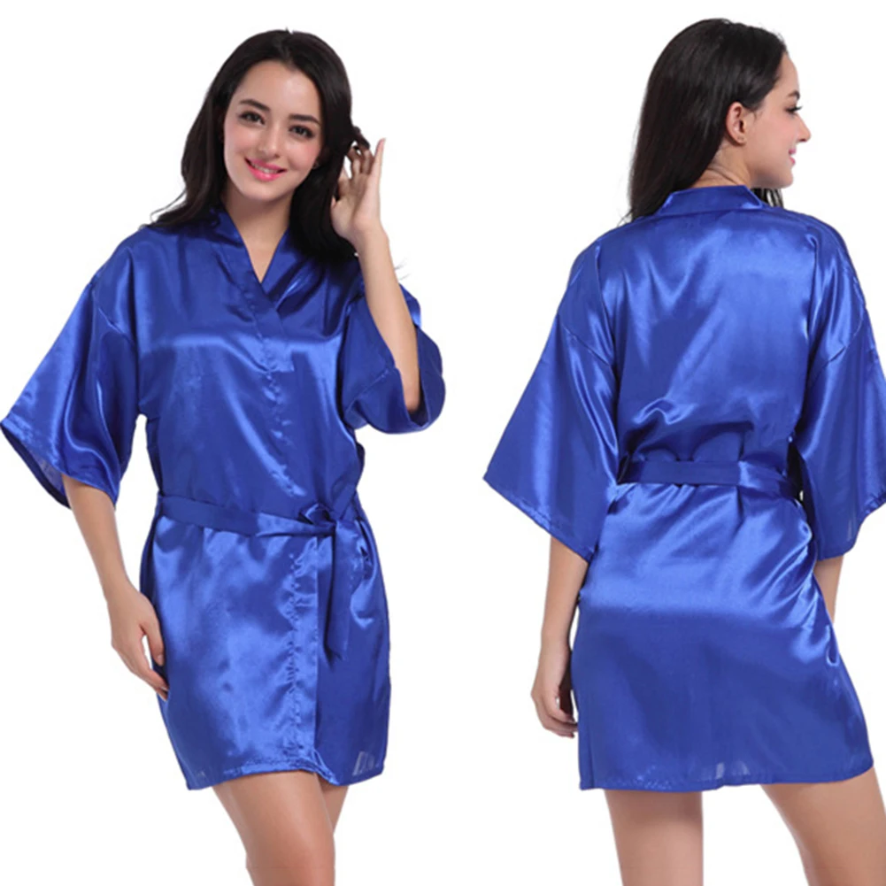 

Sexy Robe Pajamas Women Solid Color Satin Kimono Robe Sleepwear Nightgown Dress Bathrobe Wedding Bride Robes Ladies Summer