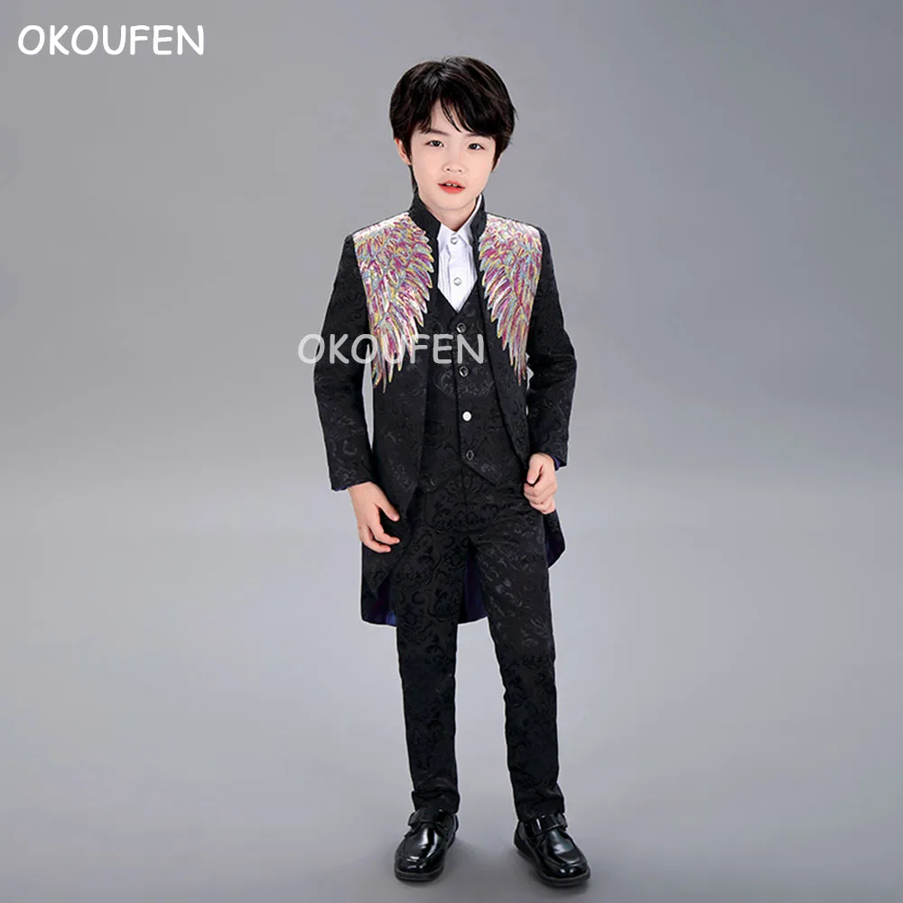 

Children's stage show catwalk piano performance set boy host black jacquard sequins dovetail three-piece Suits
