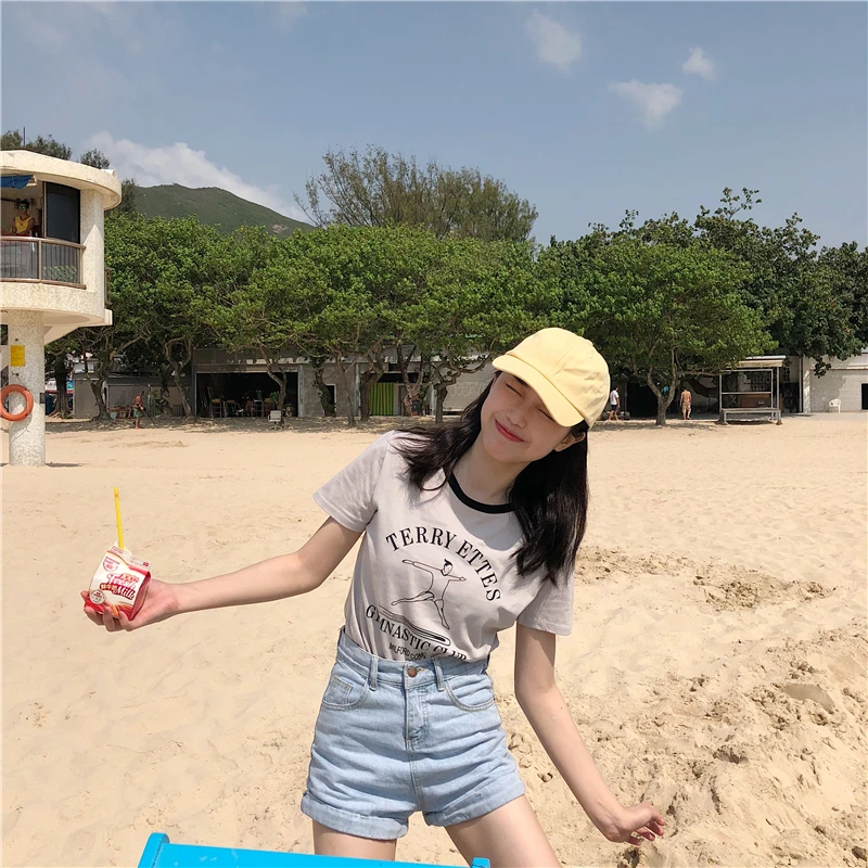 

Casual Letter Cartoon Printed T-shirt 2 Color Short Sleeve Summer White Slim Tee Shirt Tops