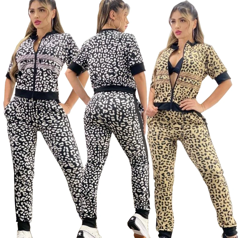 

Spring and Autumn Women's Printed Leopard Print Zipper Round Neck Jacket Young Fashion Casual 2-piece Slim Sexy Sports Suit