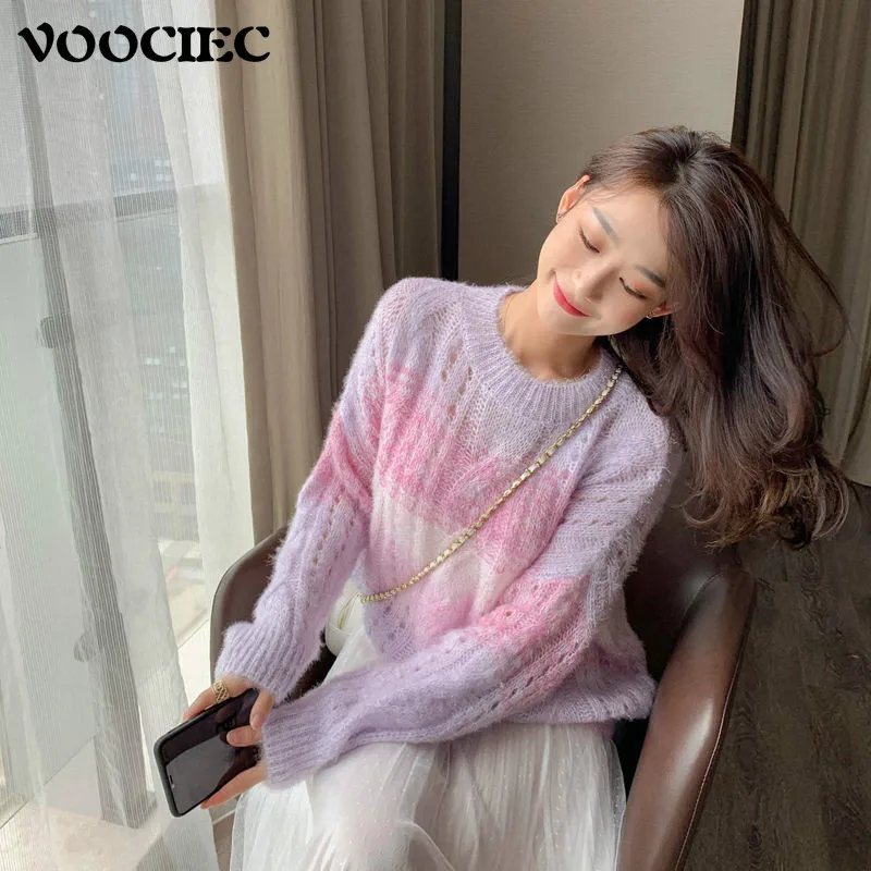 

VOOCIEC Autumn Knitted Pullover Sweater Women Rainbow Sweet Sweater Loose Long Sleeve Chic Casual Korean Pink Girl Sweater