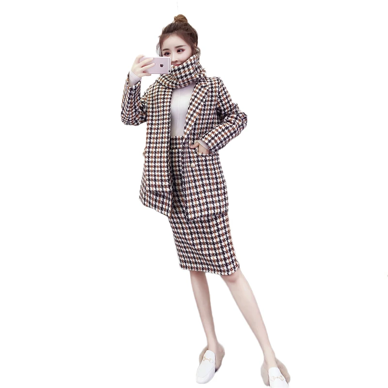 

Autumn and winter ladies new thick fashion plaid suit high waist pack hip skirt suit temperament goddess fan three-piece suit