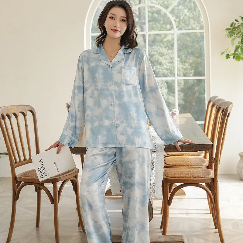 

FZSLCYIYI Summer Tie Dye Printed Satin Long Sleeve Shirt Pants Pajama Set Sleepwear Bride Bridesmaid Nightwear Homewear