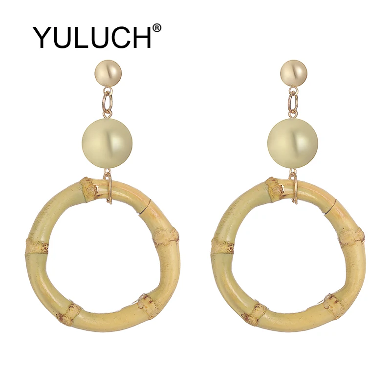 

YULUCH Ethnic African Indian Boho Pop Women Round Bamboo Pompom Pom Long Stud Earrings Fashion Jewelry For Lady Party Gifts