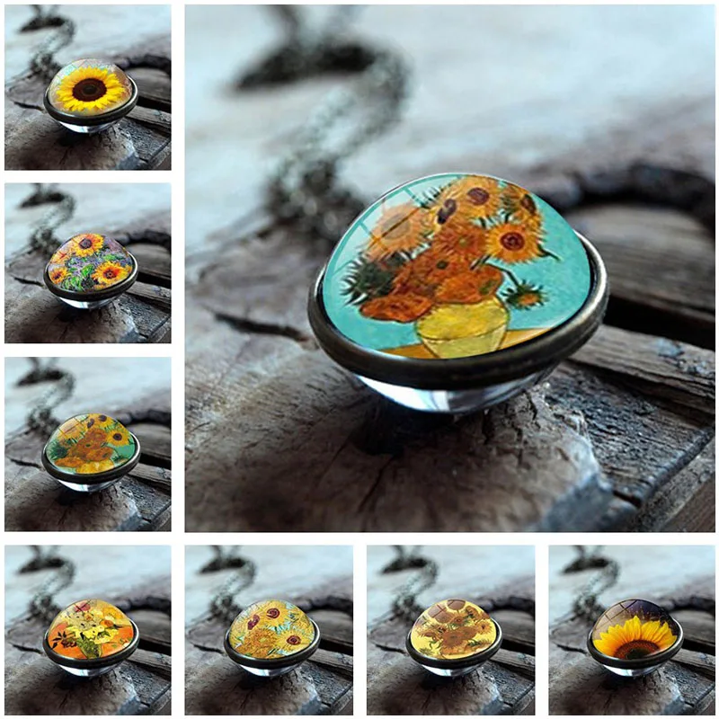 2019 тренд Ван Гога Подсолнух искусство стеклянный шар двухстороннее ожерелье с