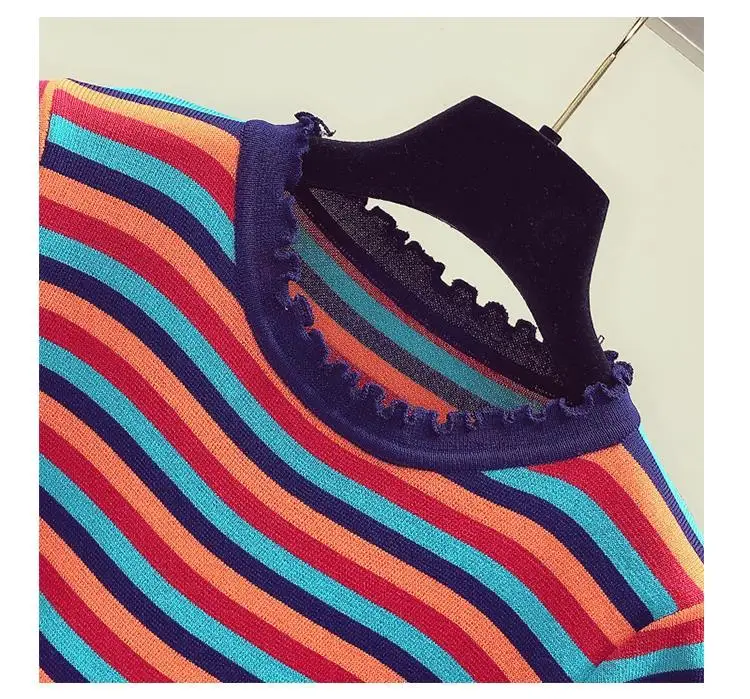 Женский облегающий вязаный свитер в радужную полоску короткий пуловер с