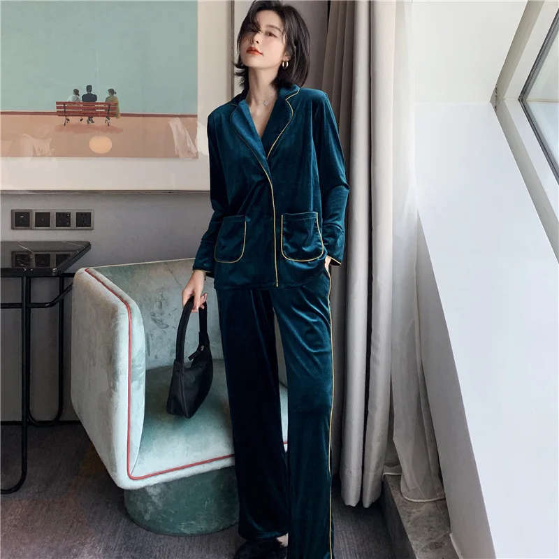 Осенне зимняя Золотая Бархатная женская пижама теплый пижамный комплект с