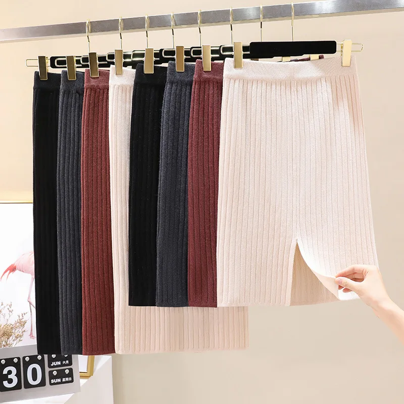 

2021 Autumn and Winter High Waist Hip Skirt Long Split One-step Skirt Wool Knitted Skirt Women's Winter Home Season