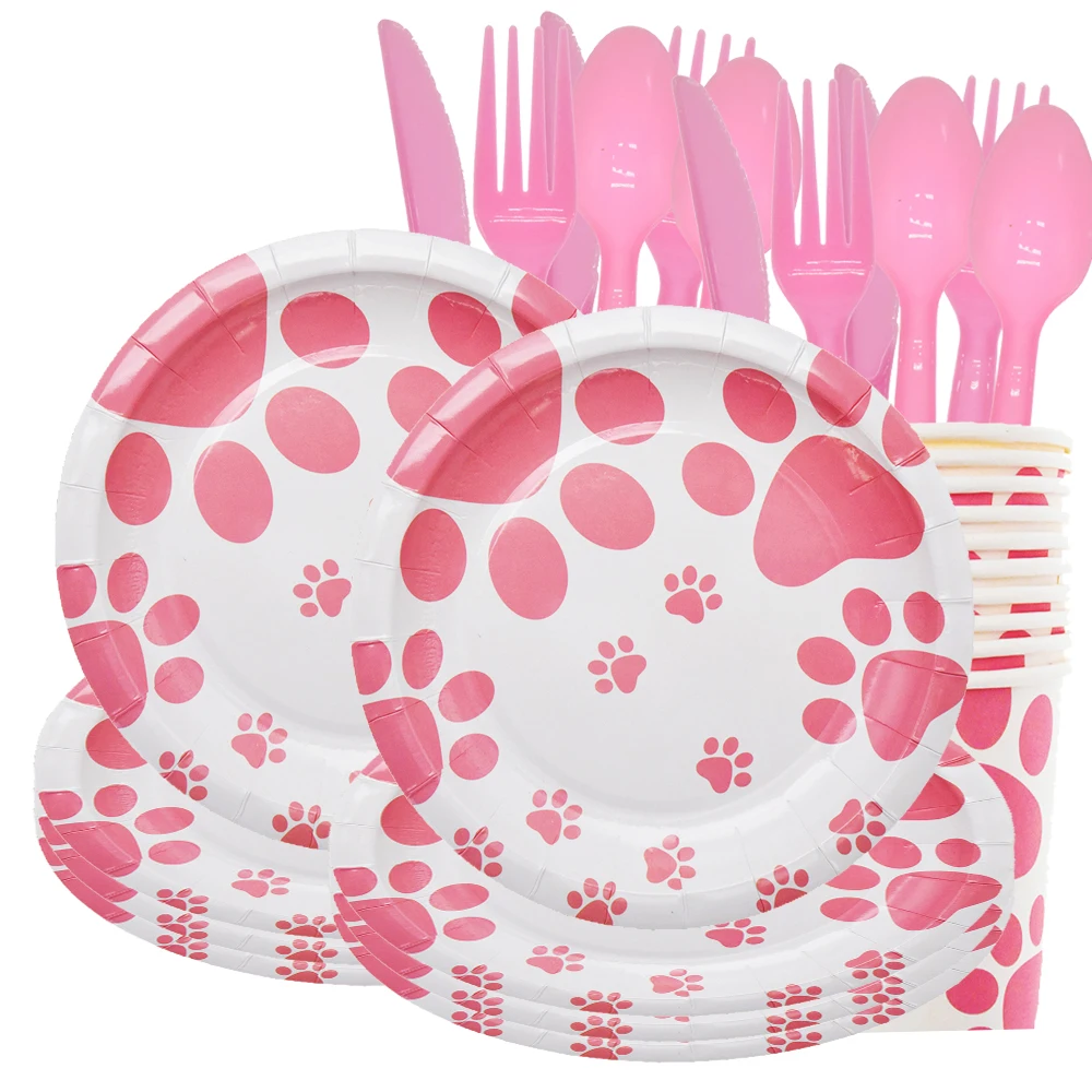 Розовая собака Девочка День рождения принадлежности Лапа печать тарелки