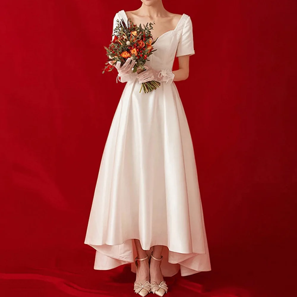 

Свадебное платье, атласное шифоновое платье до пола с бисером и коротким рукавом, простое легкое свадебное платье для путешествий, сада, ули...