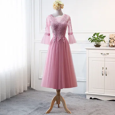 MNZ-9858Z# платье подружки невесты новые зимние рождественские платья средней длины с длинными рукавами г. Бледно-лиловый на шнуровке для девочек - Цвет: 620F