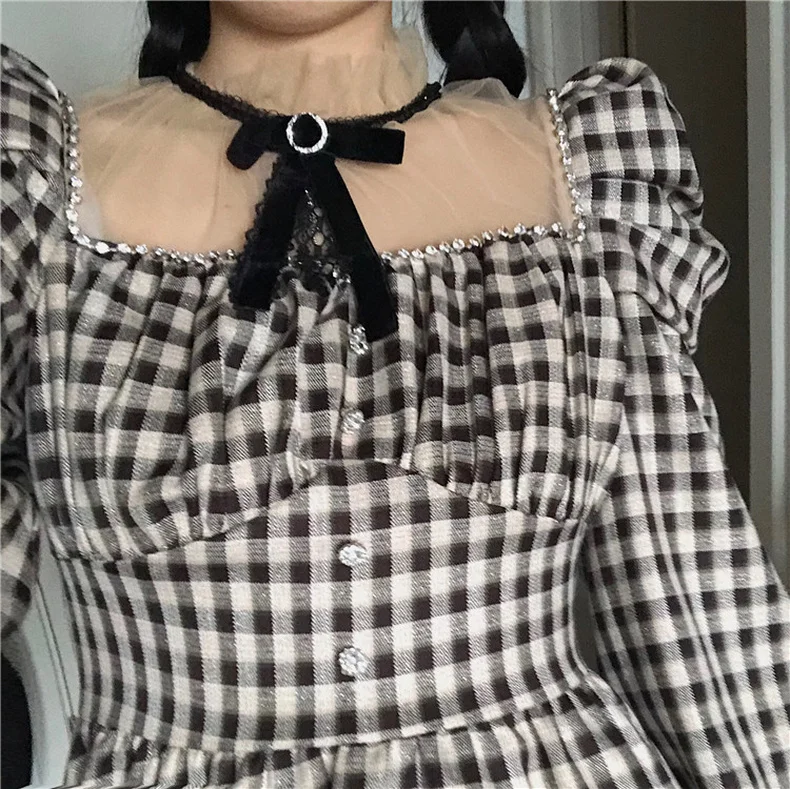 

Dresses Korean fashion French Style Retro Dress Autumn 2021 New Sweet Cinched Slimming Plaid Long Sleeve Dress Kawaii