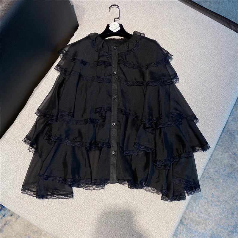 

Ruffled Sleeve Blouse Women 2021 Spring Summer New Korean Style Sweet Doll Neck Cake Mesh Chiffon Shirt Lady Top Blusa Mujer