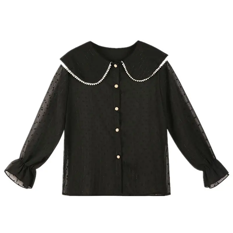 

Chiffon blouse Spring Autumn Long sleeve White shirt Korean Fashion Beaded Thin Womens tops and blouses