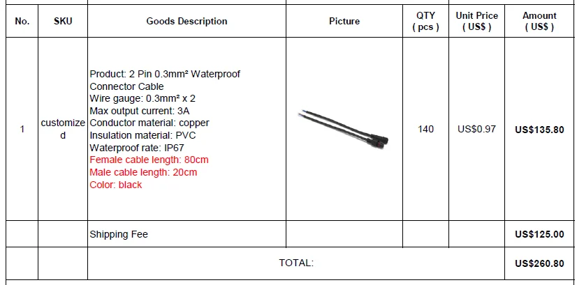 

Customized 2 Pin 0.3mm Waterproof Connector Cable