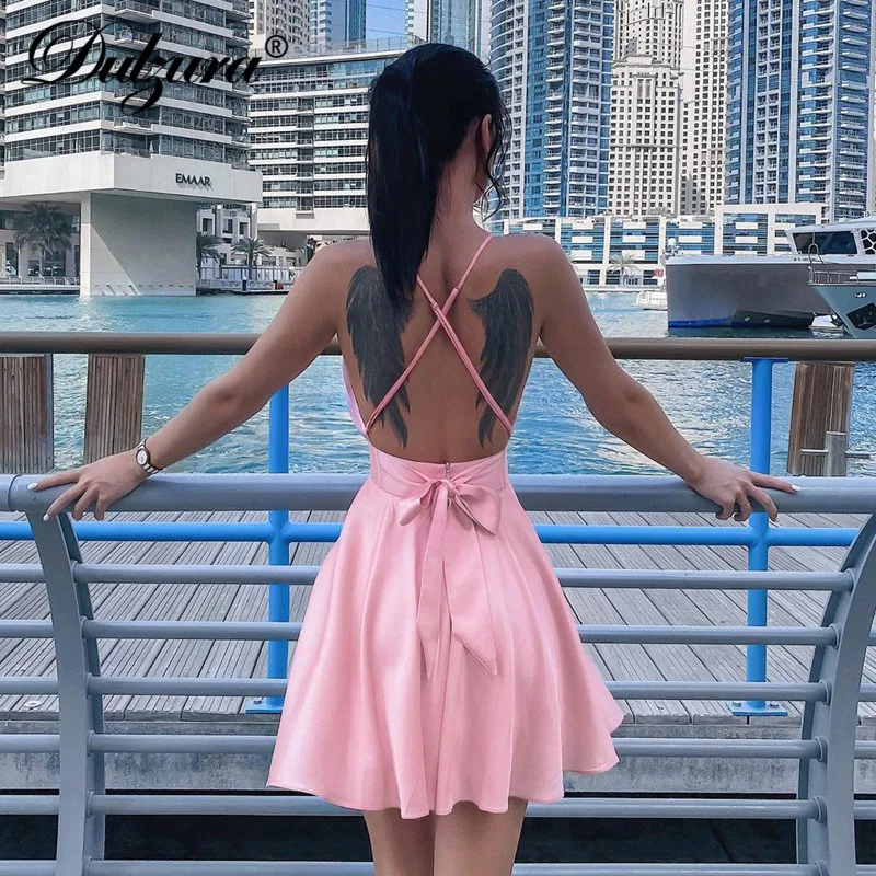 

Dulzura boho satin skater dress women bow-knot cross backless 2020 summer clothes bodycon sexy party clubwear beach streetwear