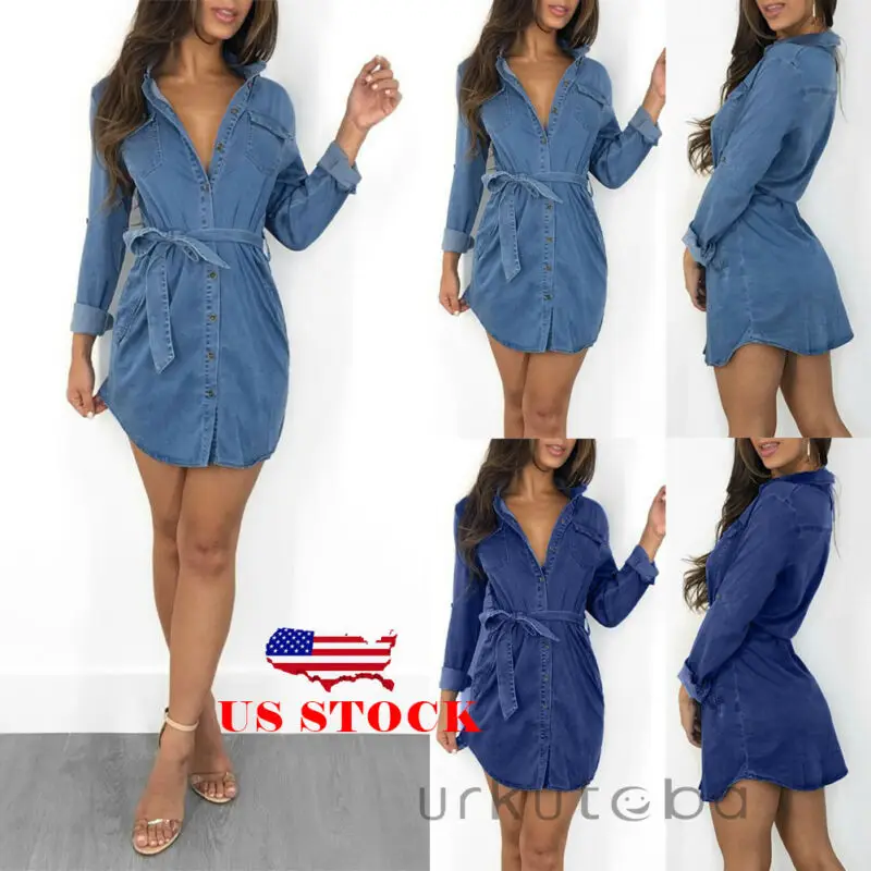 Платье-рубашка женское джинсовое на пуговицах повседневное облегающее