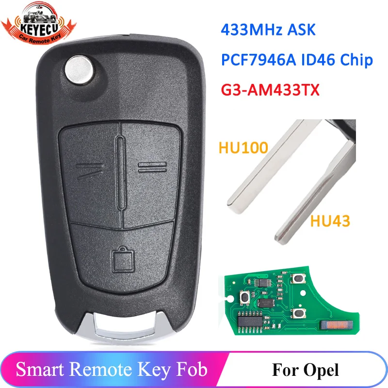 Брелок KEYECU Smart Flip с 3 кнопками дистанционный брелок 433 МГц PCF7946 ID46 для Vauxhall Opel Vectra C