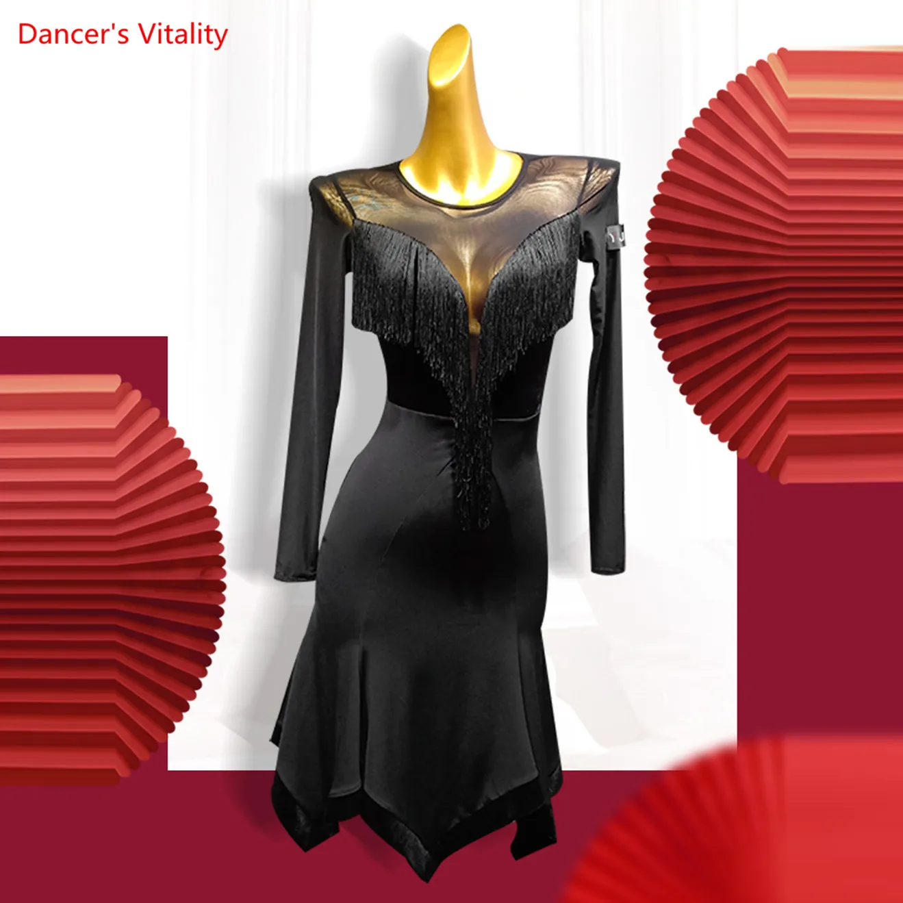 

Черный латинский танец новая мода 2020 женский танцевальный костюм набор платье Сальса Самба с длинным рукавом кисточкой женские латинские п...