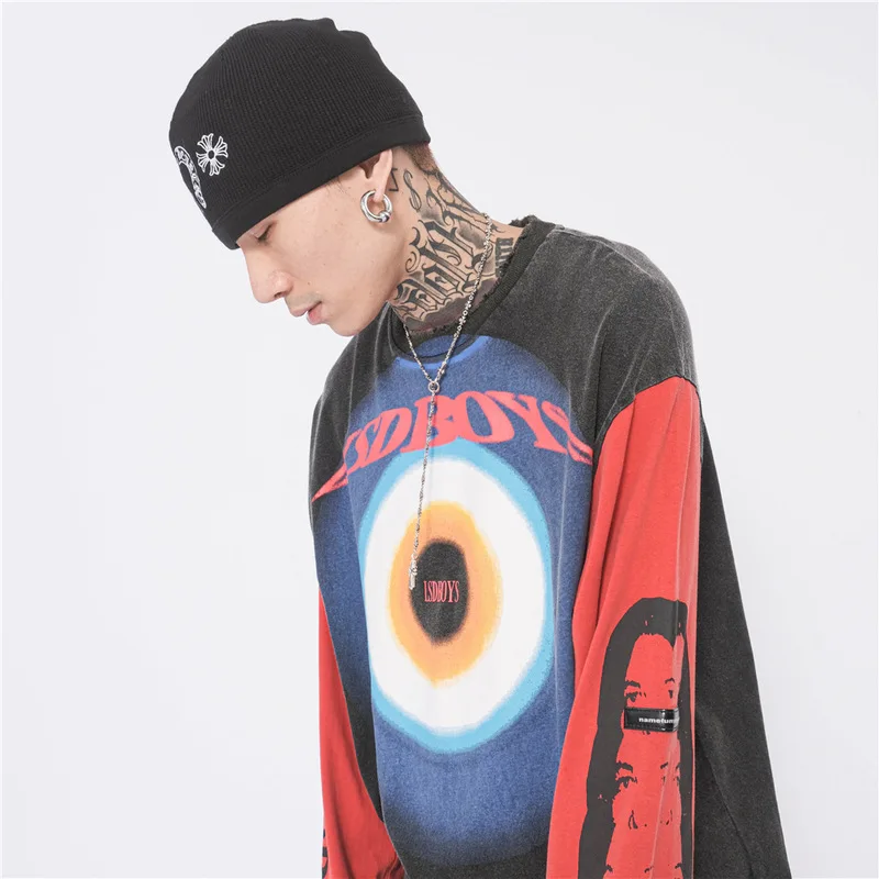 

GTDOM Men Splice Color High Street Long Sleeve T-Shirt 2021 Spring New Hip Hop Looser Ins Harbor Wind Korean Edition Sweatshirt