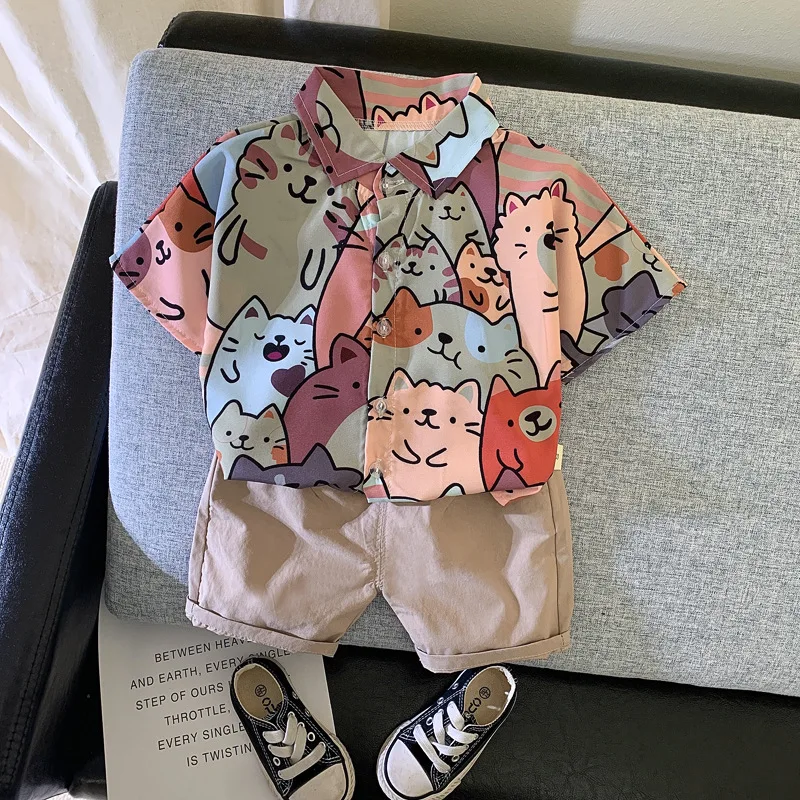 

Child Boy Beach Wear Outfits 0-4T Kids Baby Boy Clothes Set Summer Cartoon Print Sets 2Pcs Short Sleeve T-Shirt+Shorts 2Styles