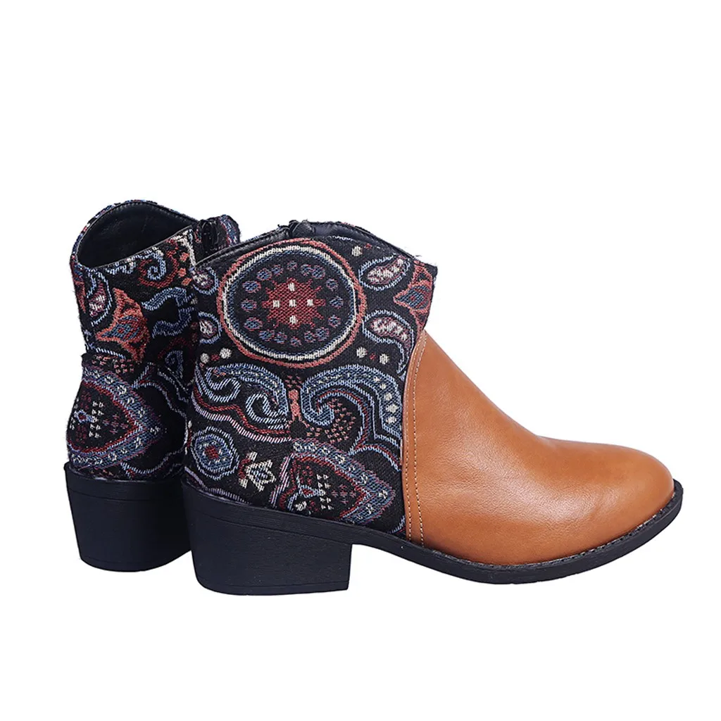 

2020 Fashion Retro Women Suqare Heels Zipper Embroidery Short Booties Winter Slip On Casual Round Toe Boots Shoes
